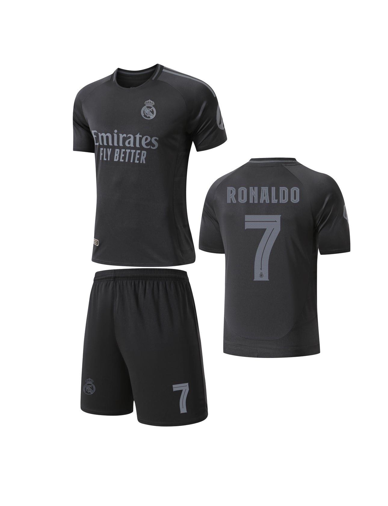 Football Jersey Real Madrid fc Black on Black 2025-2026 RONALDO #7 ( A Grade soccer shirt & shorts / junior / gift )