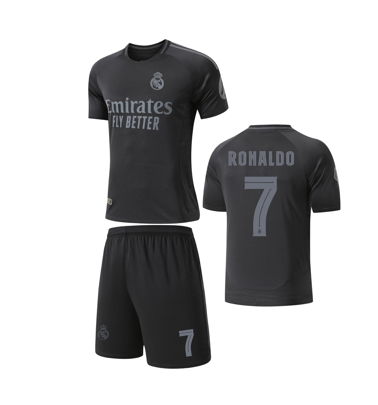 Football Jersey Real Madrid fc Black on Black 2025-2026 RONALDO #7 ( A Grade soccer shirt & shorts / junior / gift )