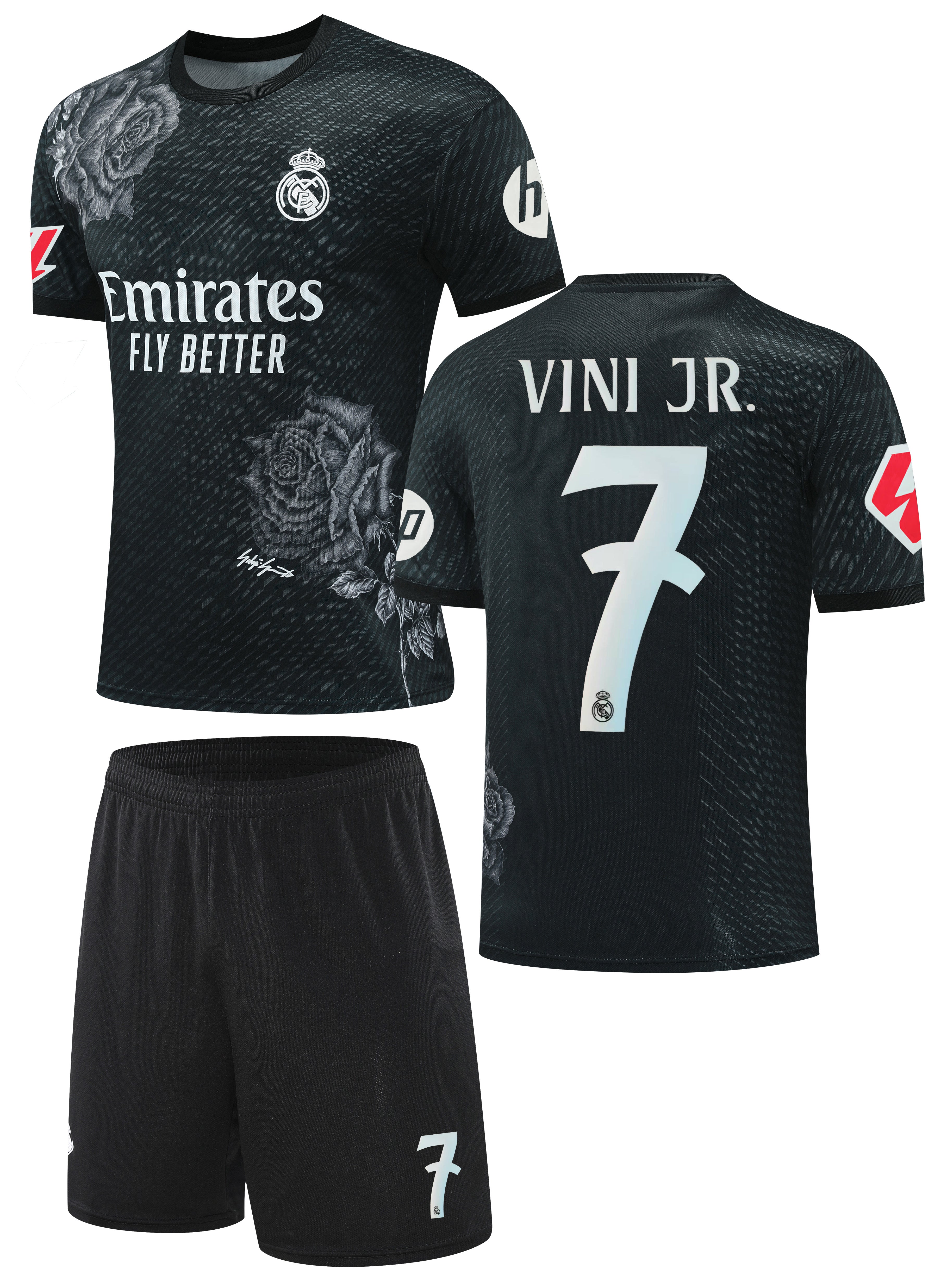 Football Jersey Real Madrid fc Black Rose 2024-2025  Vini Jr #7 ( soccer shirt & shorts / junior shirt / soccer jersey / gift / shirt)
